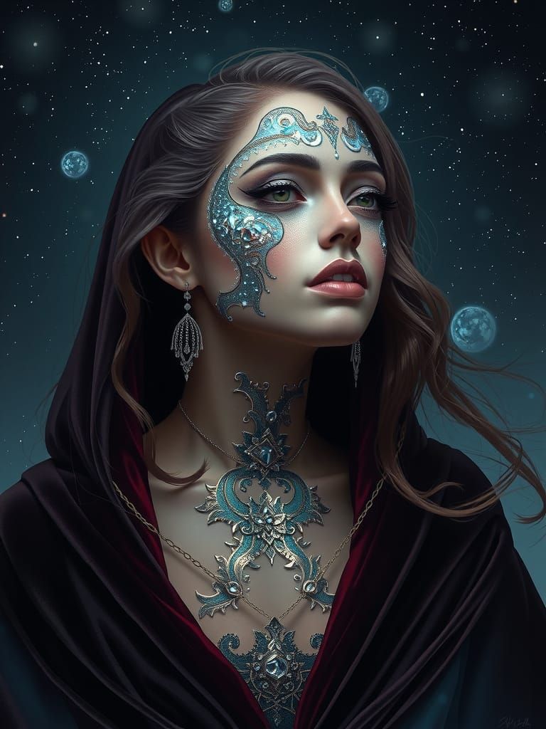 Woman with Cosmic Glitter Makeup in Digital Painting Style