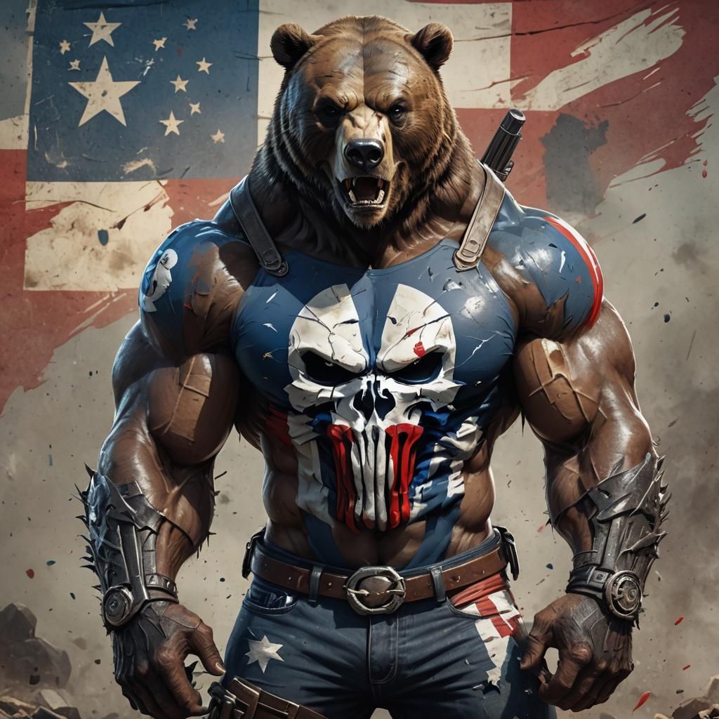 Muscular Bear with Texas Punisher Skull in Digital Art