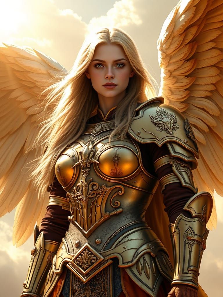 Fallen Angel in Golden Armor, Hyperrealistic Illustration