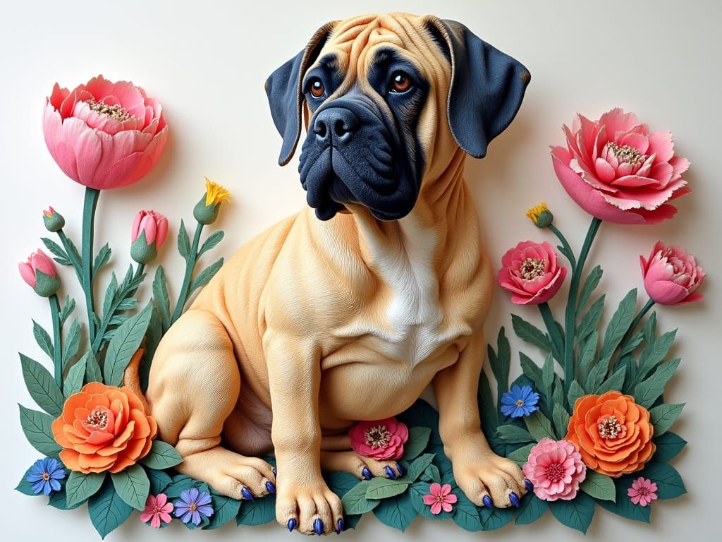 Surreal Paper Cutting Sculpture of English Mastiff Among Flo...