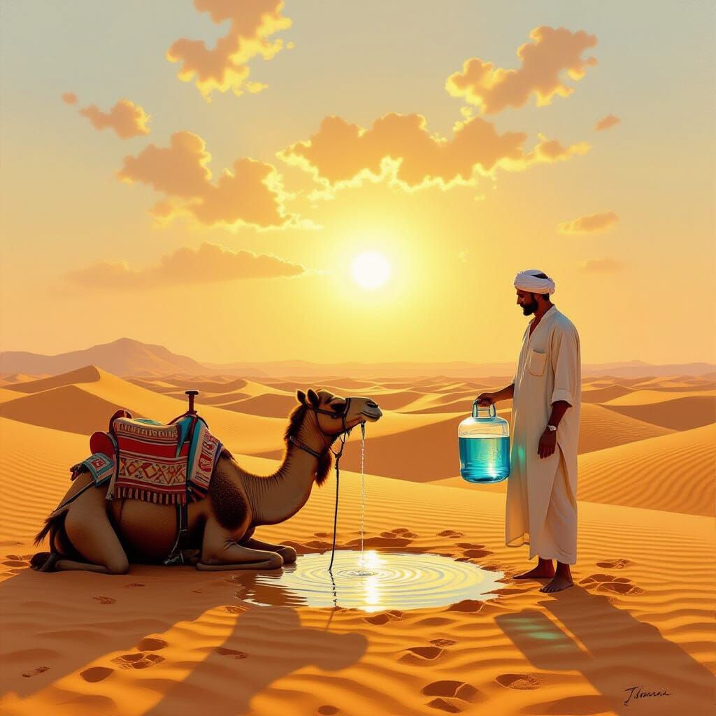Camel Begs for Water from Man in Realistic Oil Painting