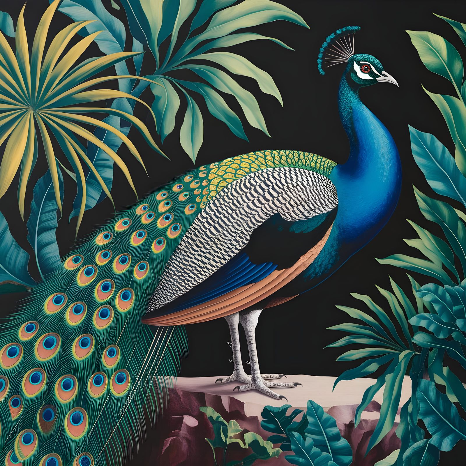 Majestic Peacock in Botanical Garden, Rousseau Style