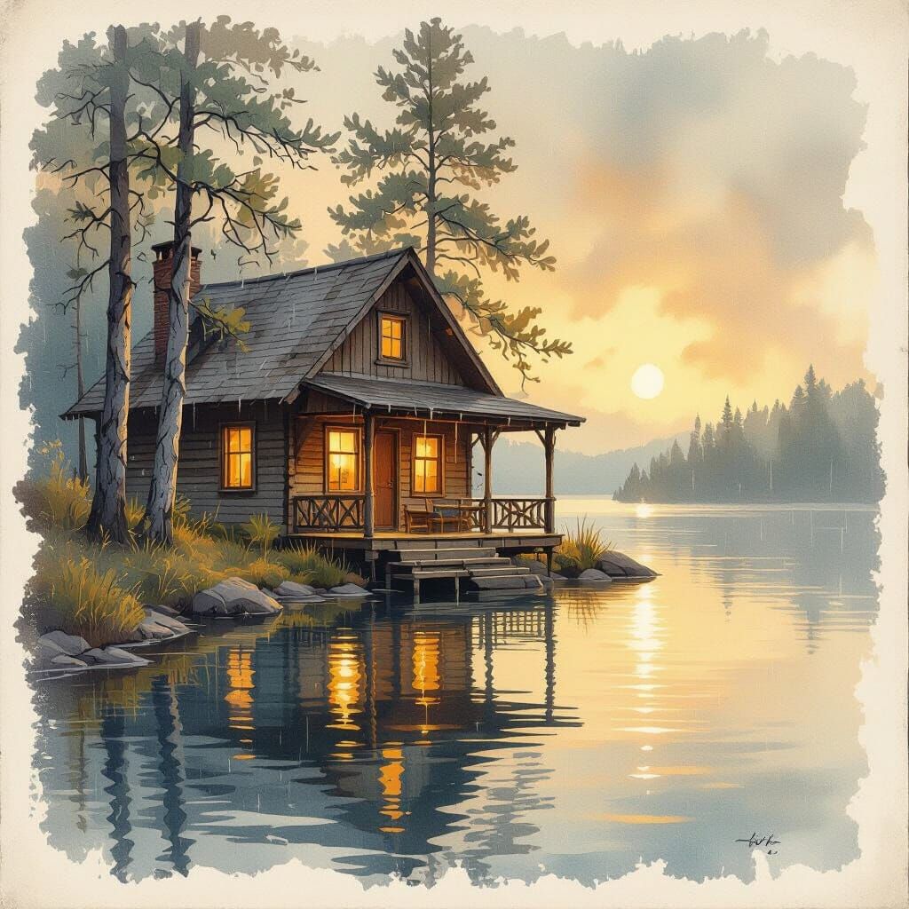Lakeside Cabin in Watercolor and Earth Tones