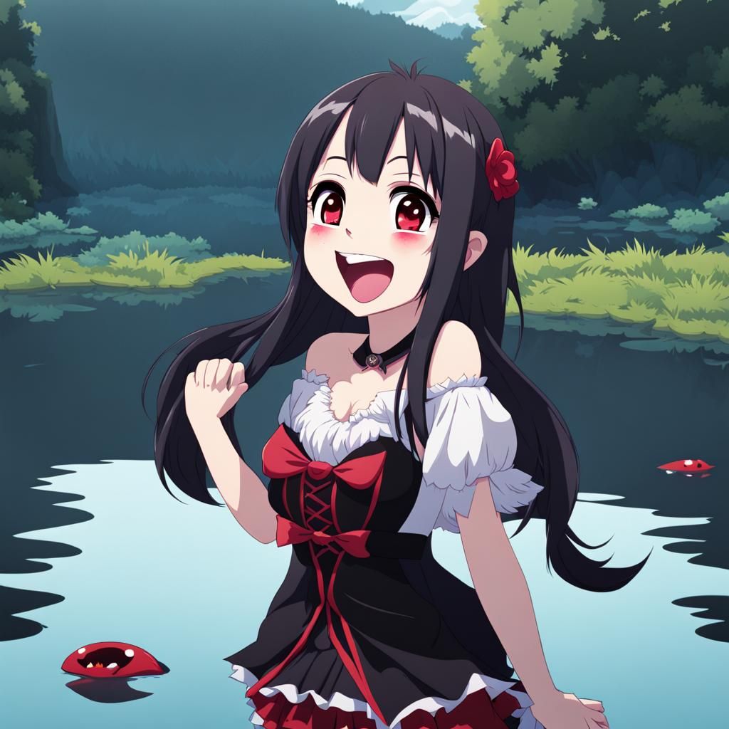 Laughing Chibi Vampire Girl in Lake