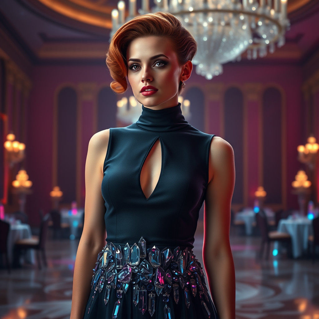 Woman in Crystal Dress in Grand Ballroom