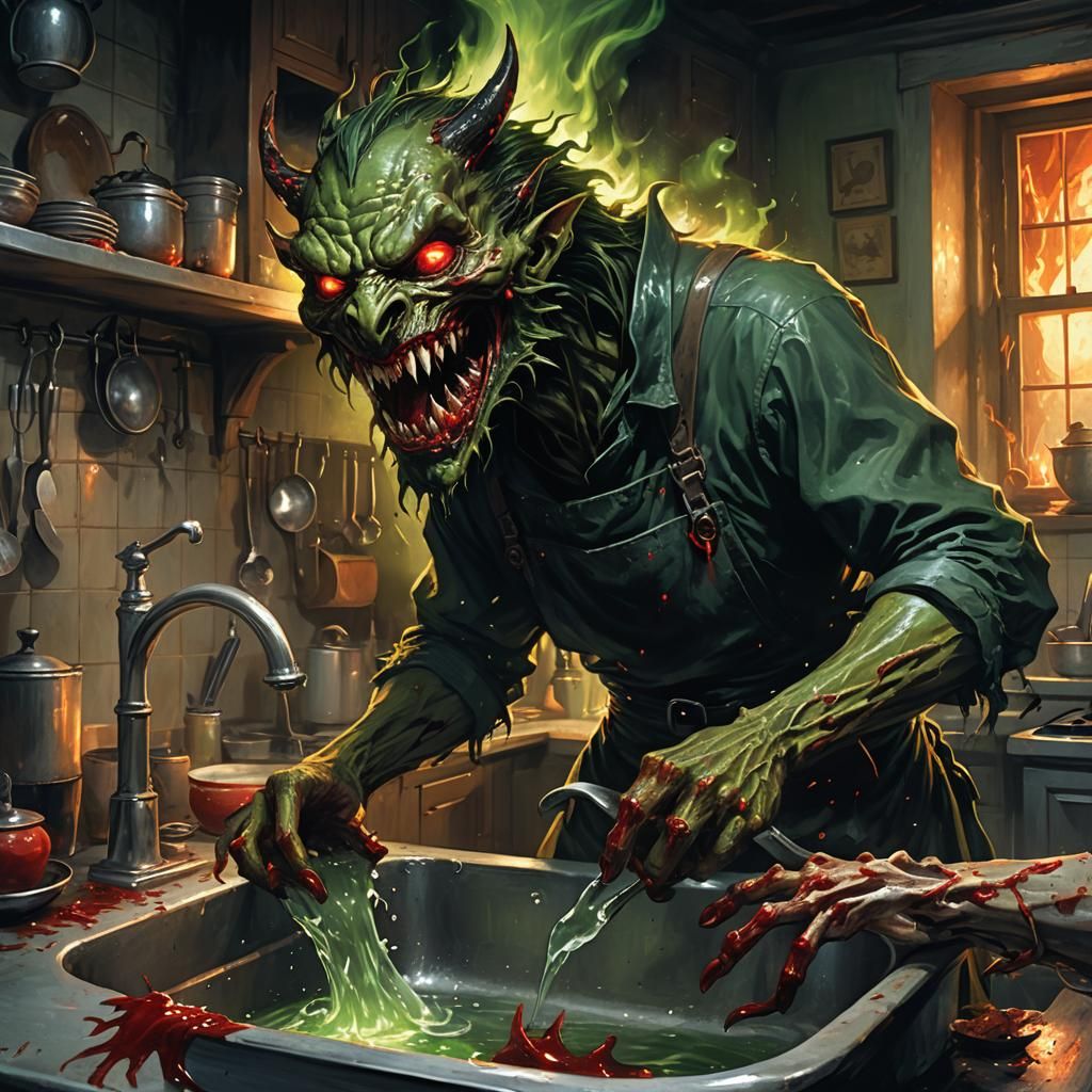 Evil Being Washing Dishes in Dark Fantasy Style