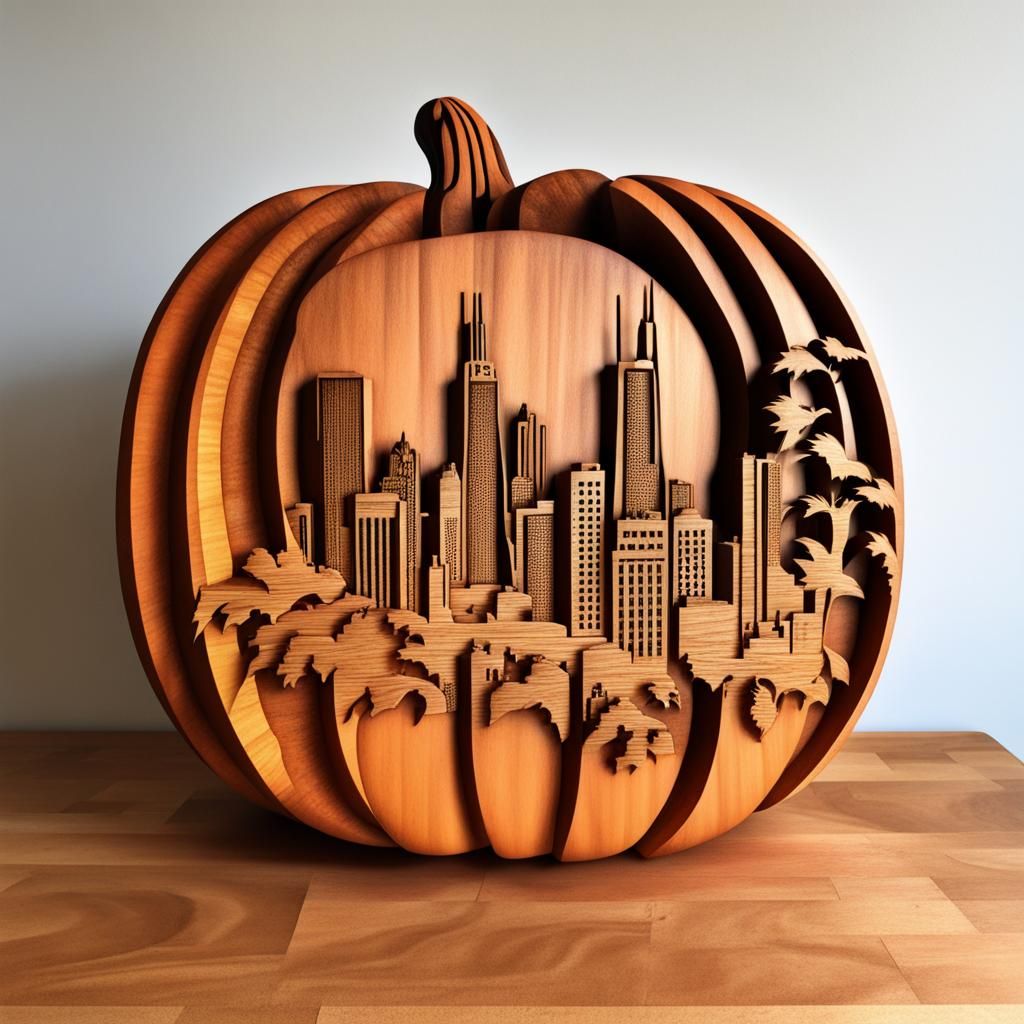 Chicago Skyline Carved in Wooden Pumpkin