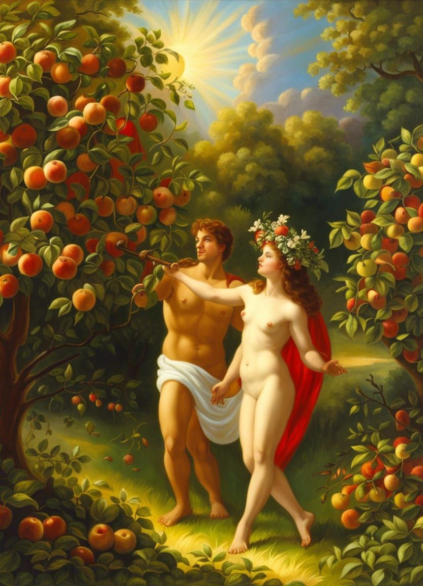 Adam and Eve in the Garden of Eden. About to give into temptation