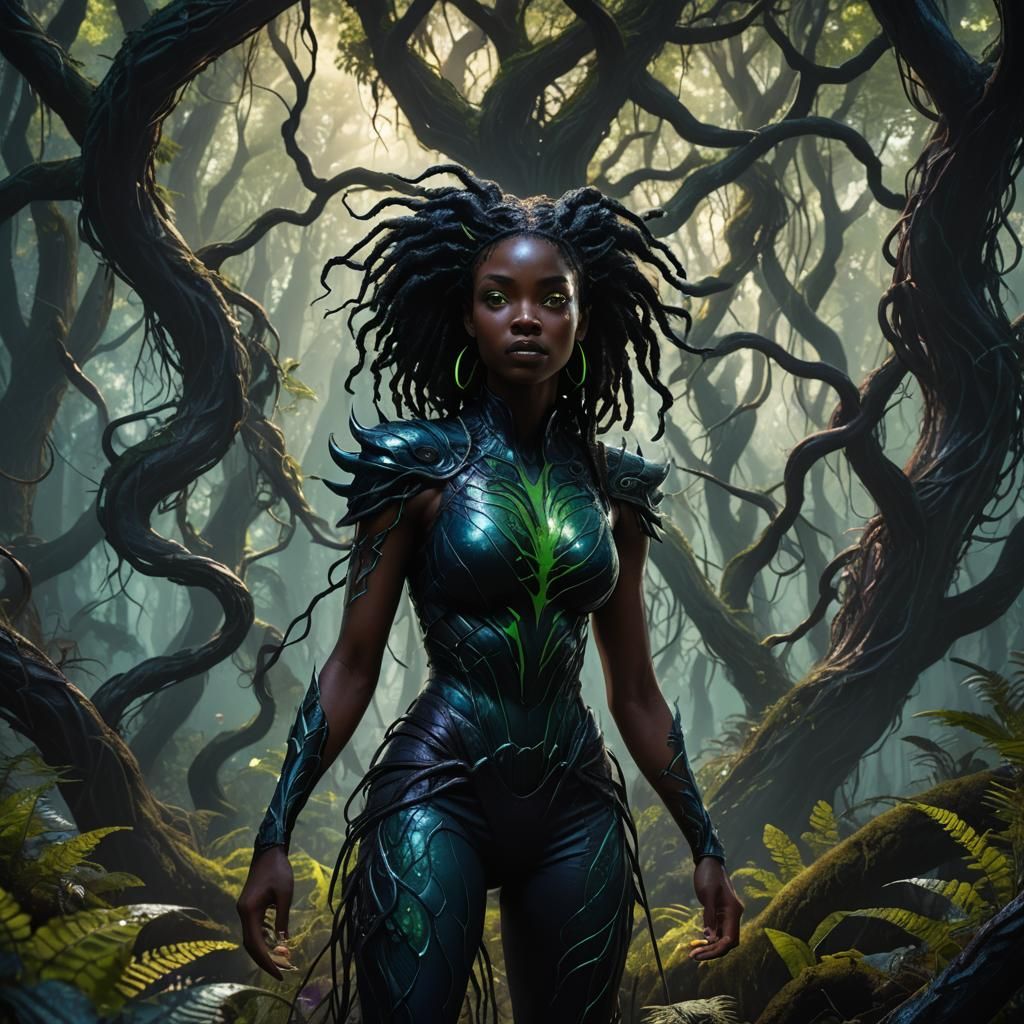 Black Girl with Venom Powers in Mystical Forest