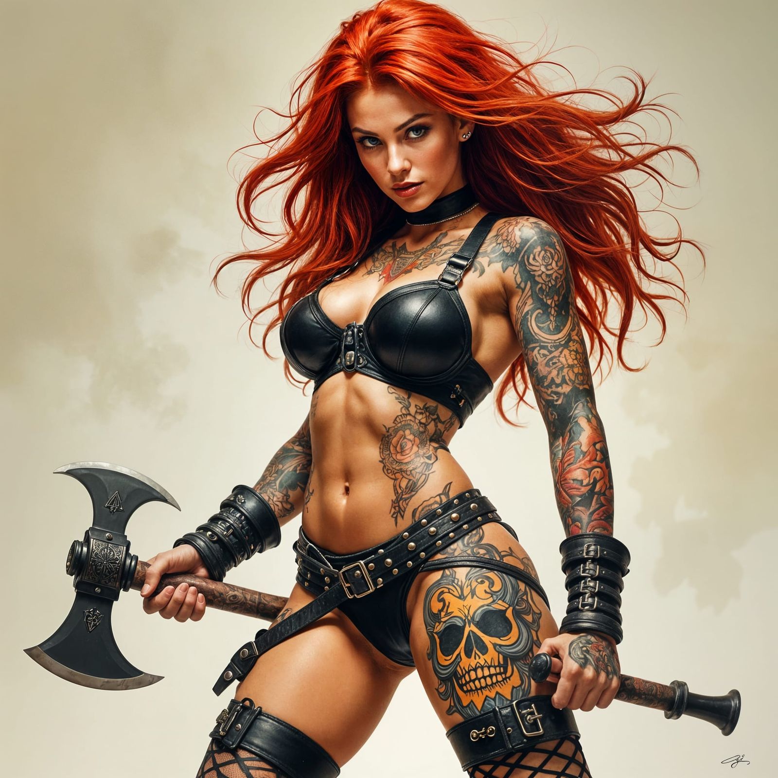 Tattooed Redhead Dancer with Axe