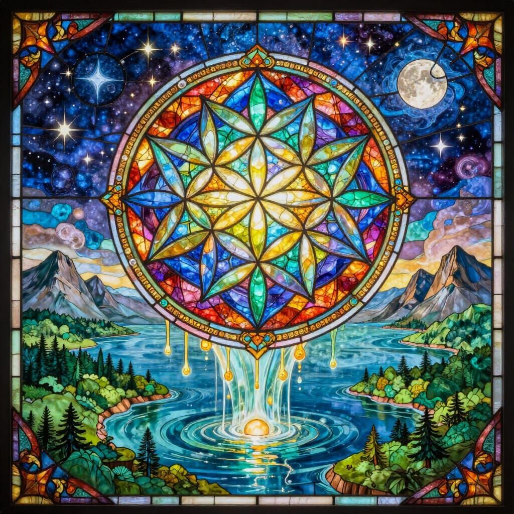 Multicolor Flower of Life Emblem Over Mana Ocean