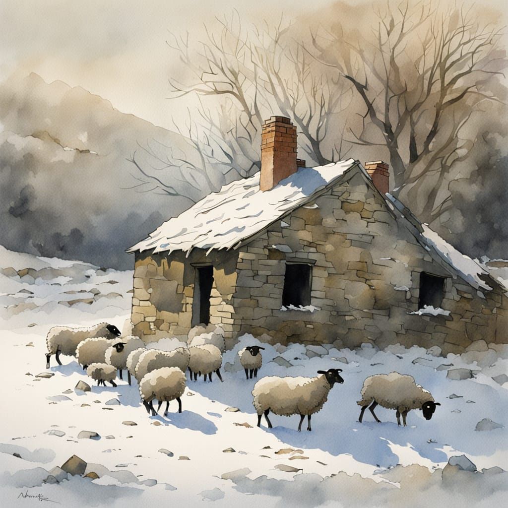Snowy Ruined Cottage with Sheep, Watercolor Style