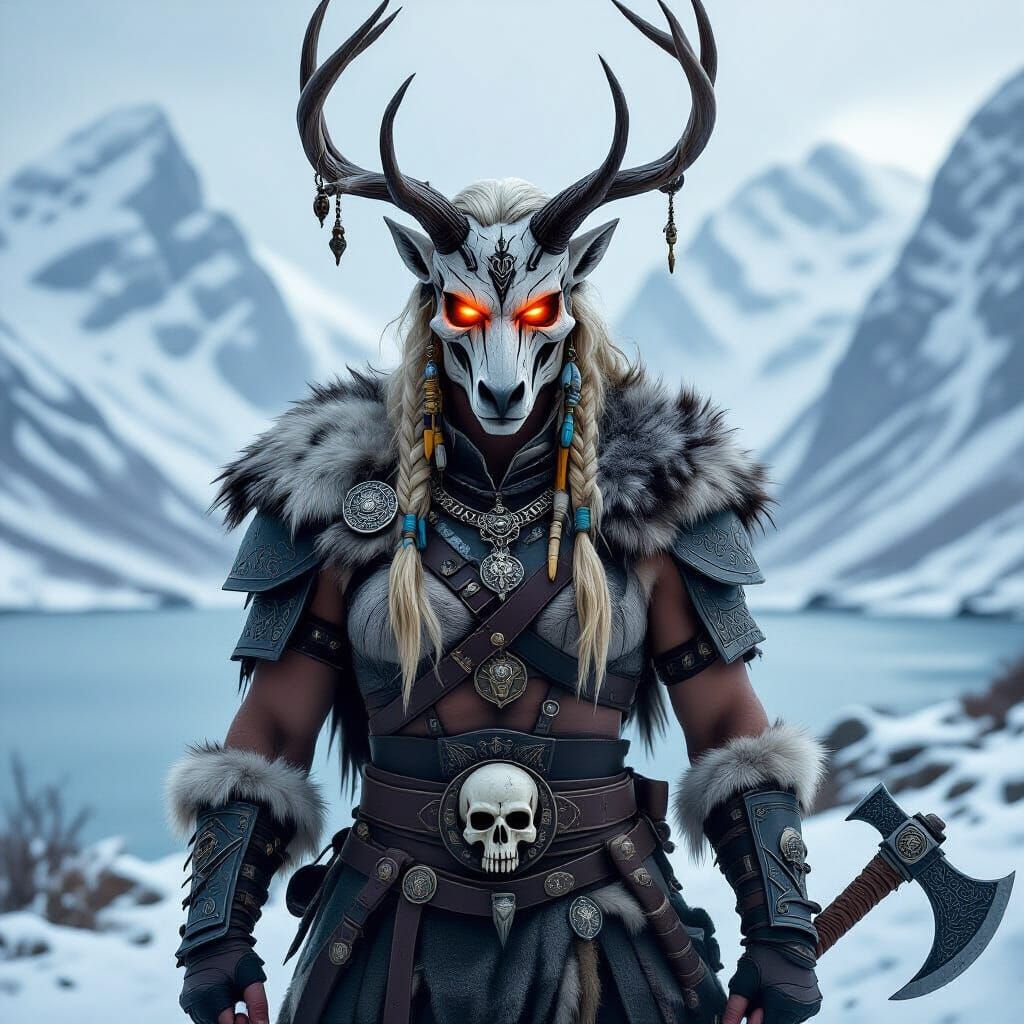 an anthropomorphic centaur as a mystical Volva (sorceress) wearing bones and talismans, eyes glowing with power. The cha...