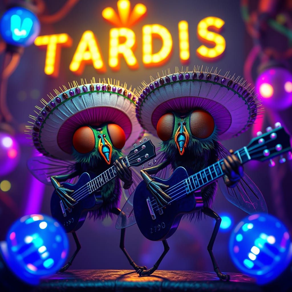 Flies with Sombreros Play Guitars in Fantasy Scene