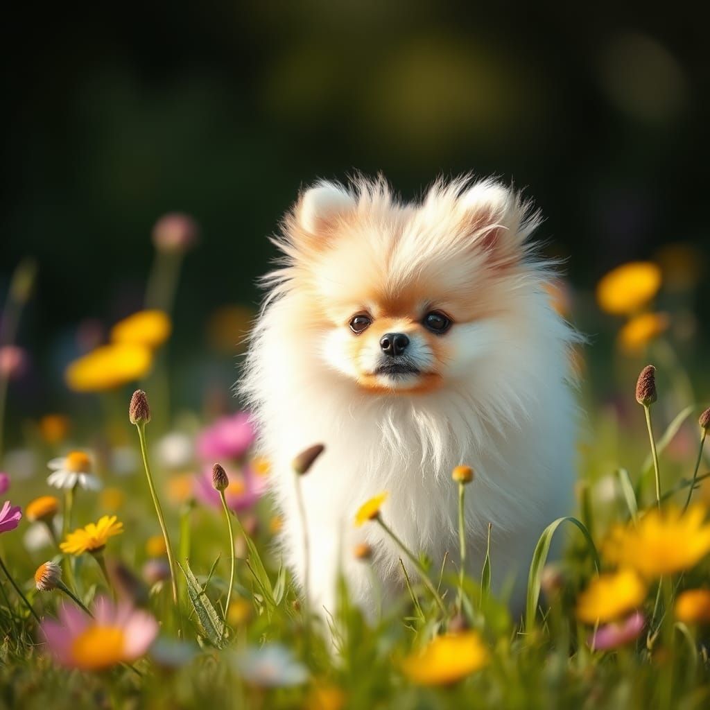 Pomeranian Puppy in Wildflower Meadow