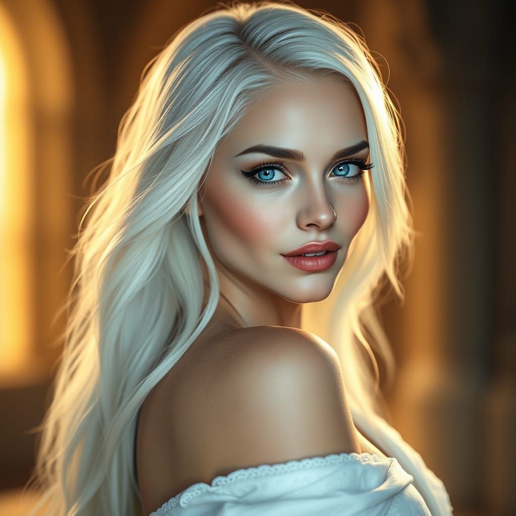 Ethereal Fantasy Goddess in Radiant Platinum Blonde Hair
