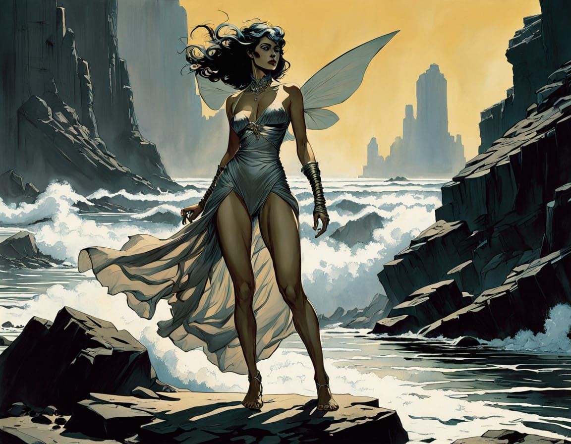 Fantastic winged creature, the upper half of its body is a beautiful woman the lower half its sleander beautiful legs, i...