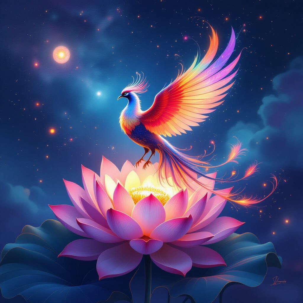 Cosmic Firebird on Luminous Lotus in Celestial Expanse