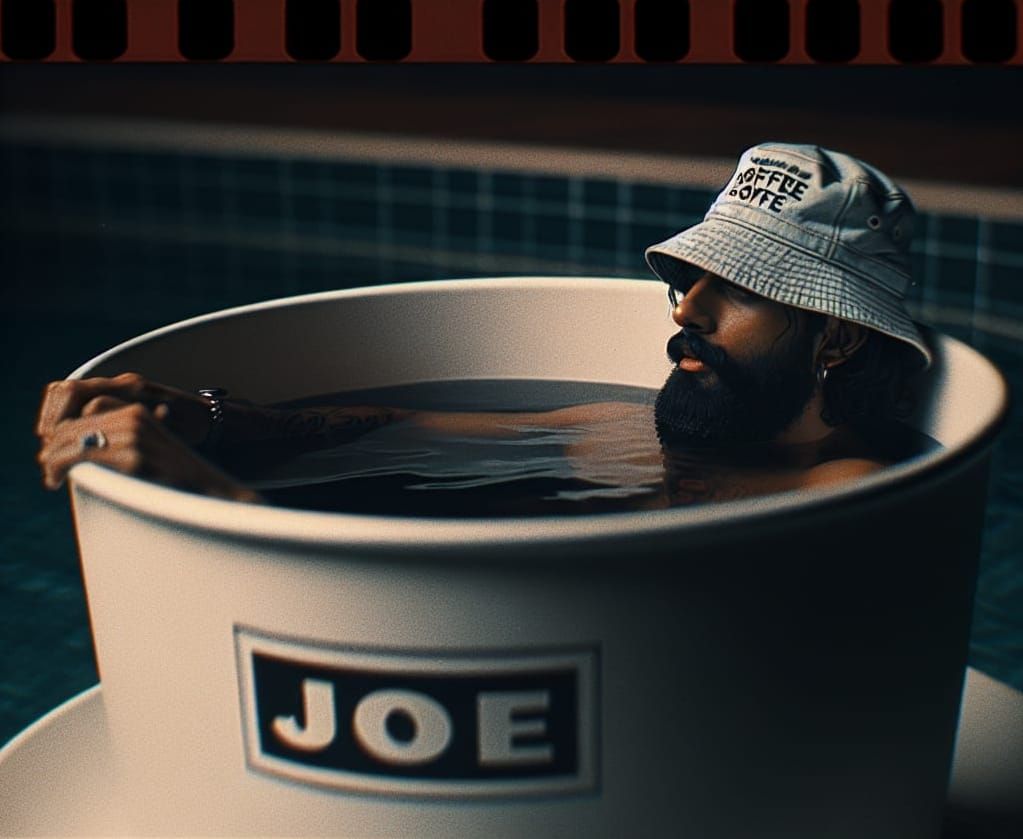Man Swimming in Coffee Cup: Cinematic Film Still