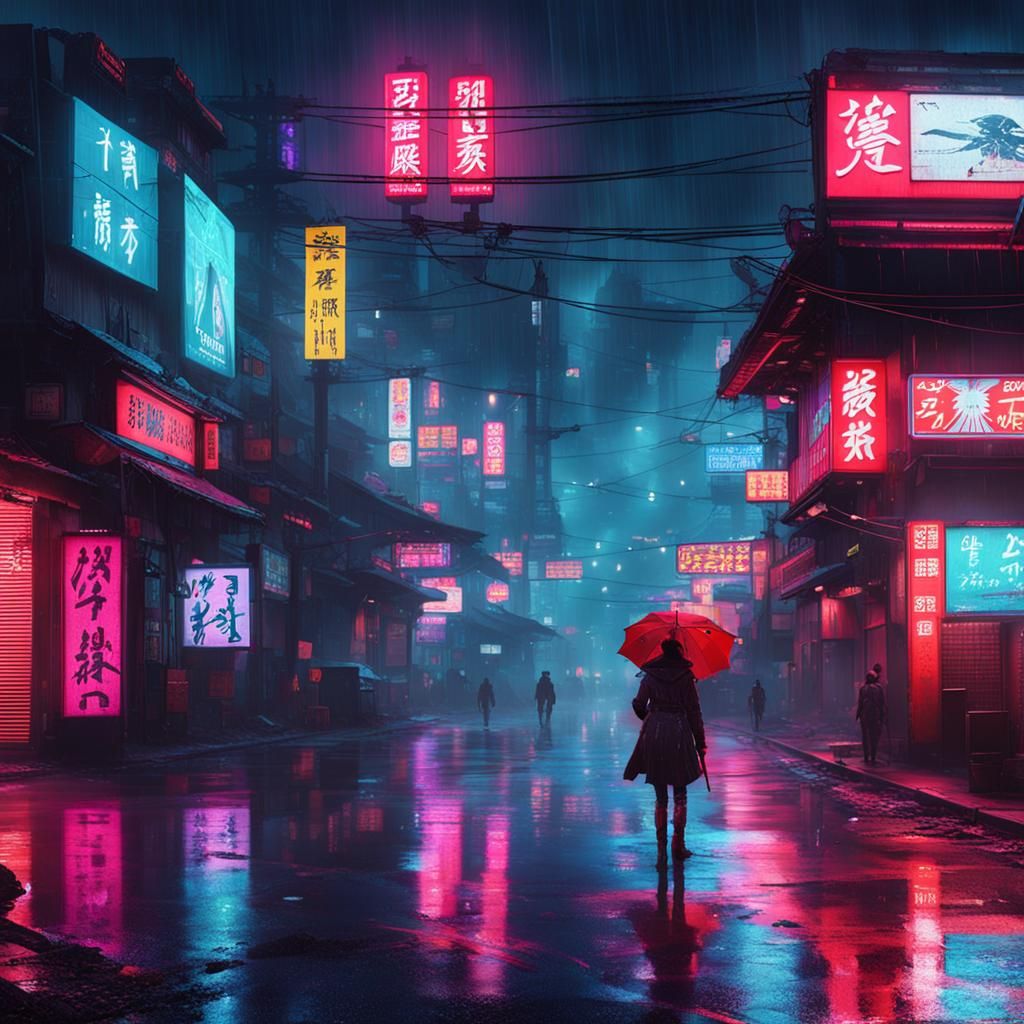 Rainy Night in China: Cyberpunk Neon Art