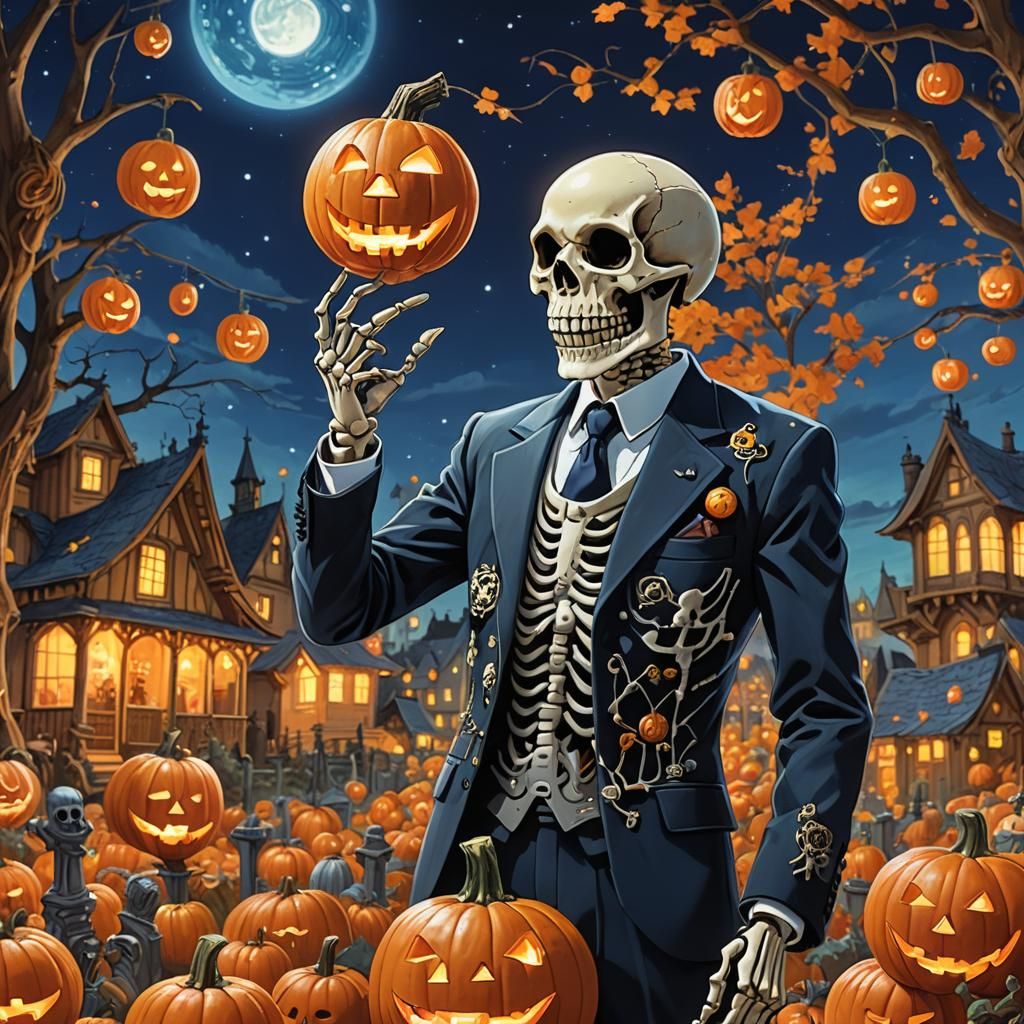 Skeleton in Suit with Jack-o-Lantern, Ghibli Style