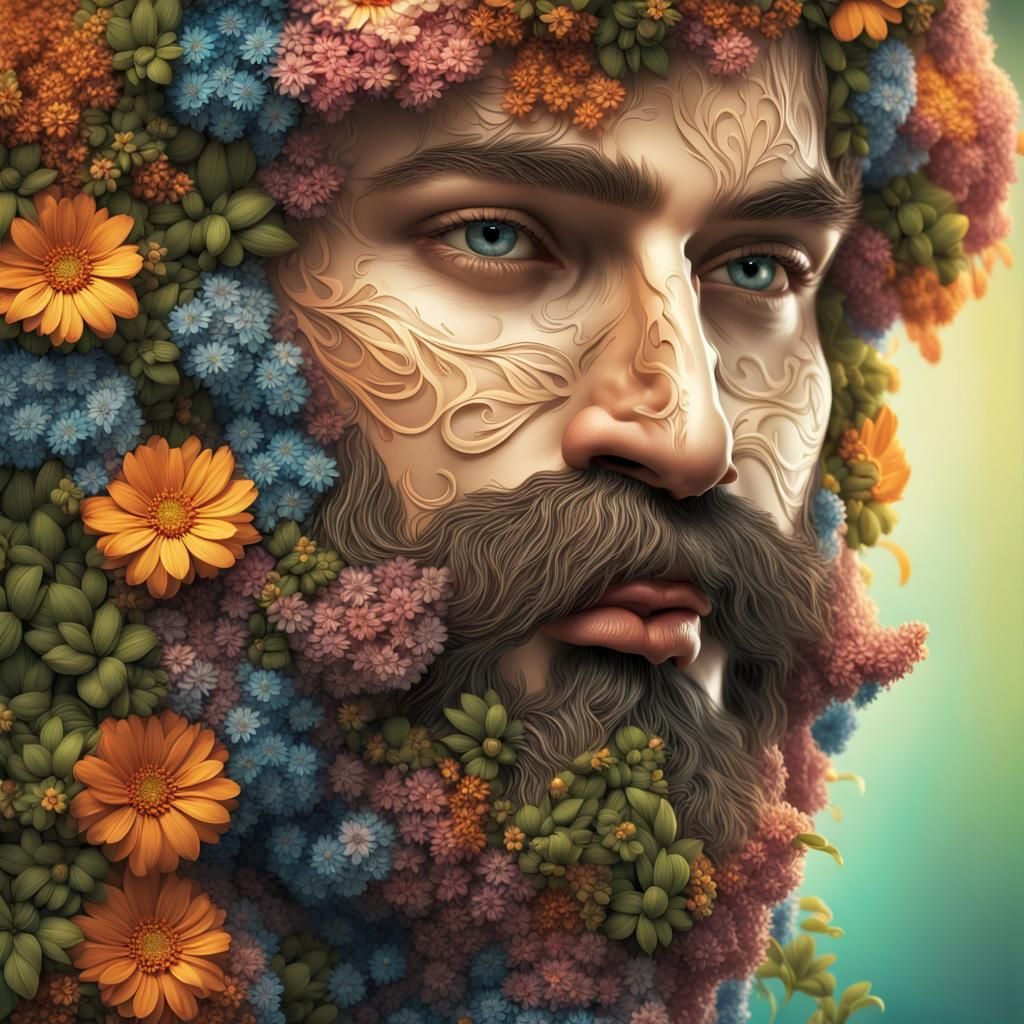 Giant with Floral Beard: Hyperrealistic Digital Art