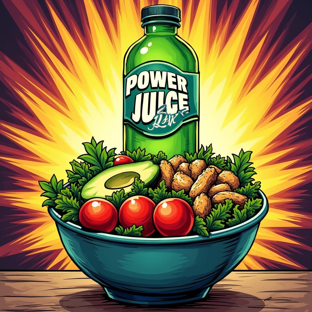 Vibrant Salad and Juice Advertisement in Comic Book Style