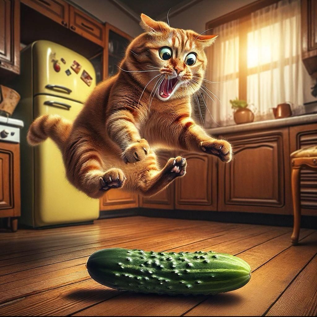 Startled Cat's Comical Leap from Cucumber