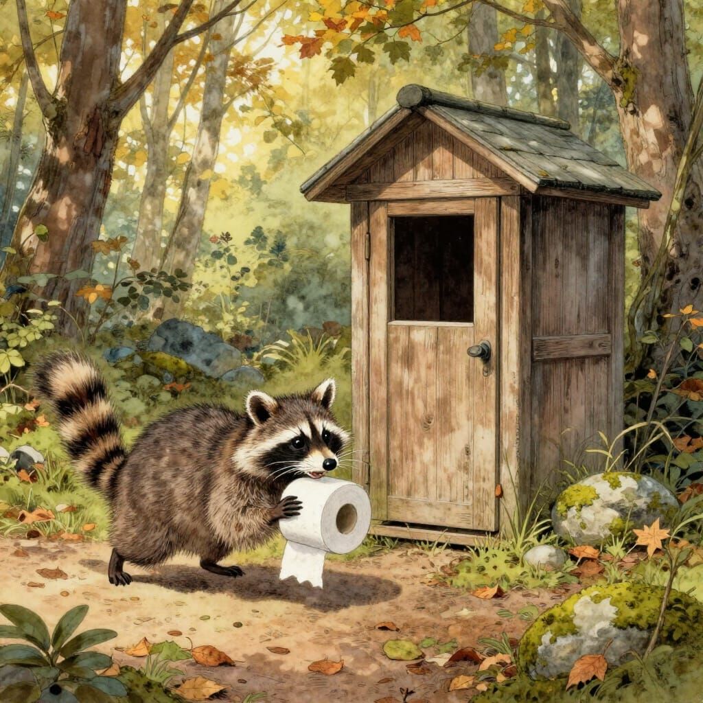 Raccoon With Toilet Paper Heads to Outhouse in Autumn Forest