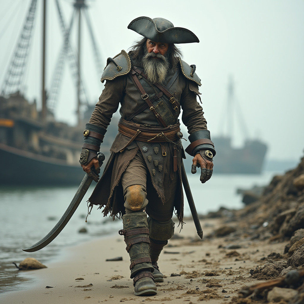 Post-Apocalyptic Pirate in Desolate Landscape