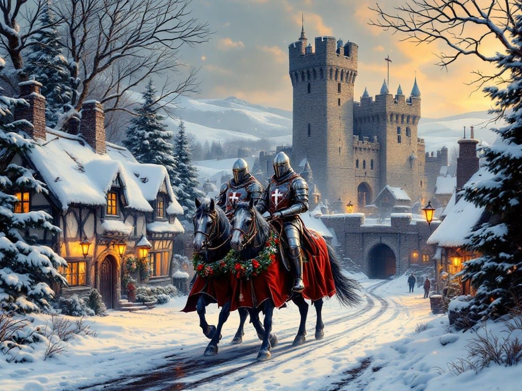 Medieval Winter Village in Golden Light