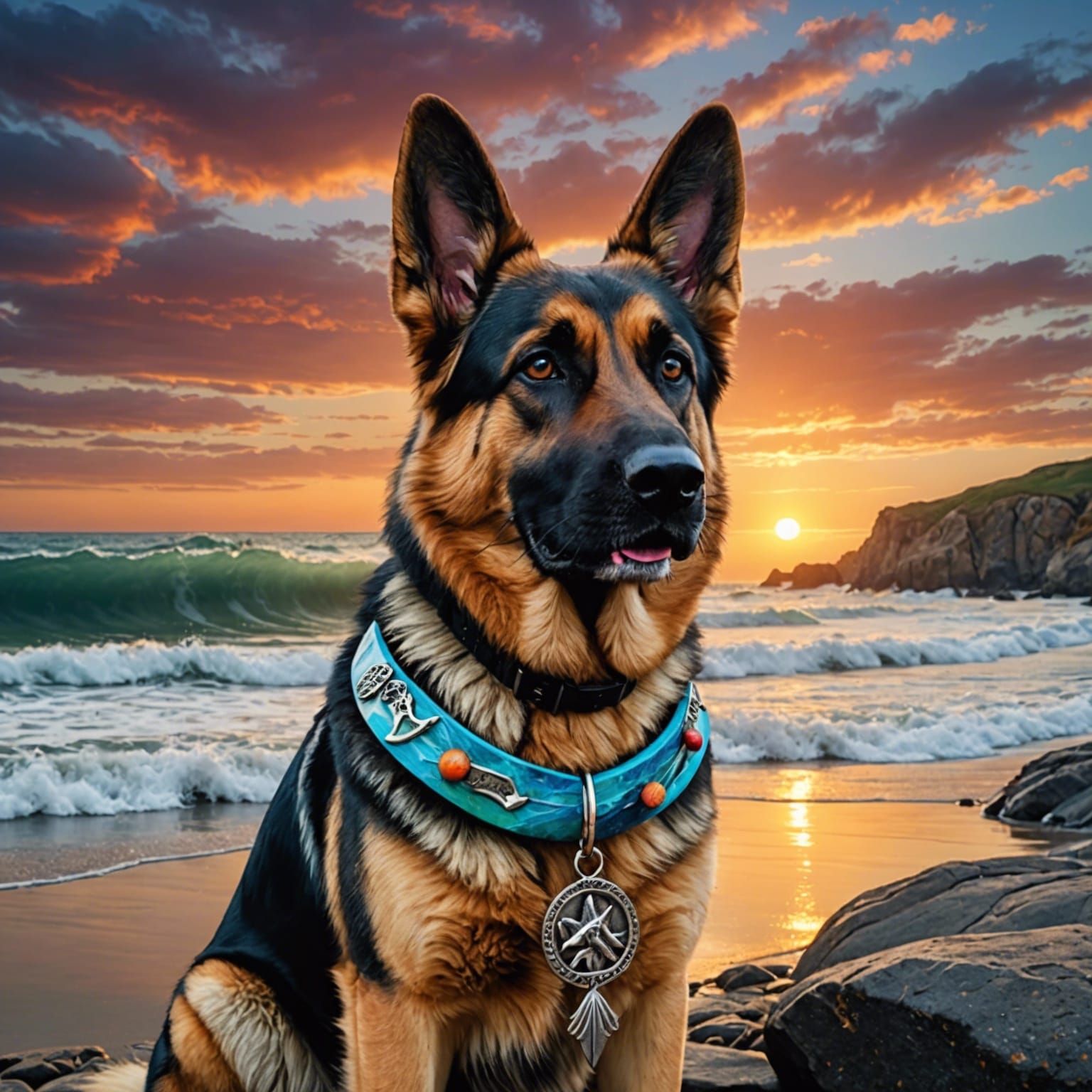 German Shepherd as Poseidon in Sunset Seascape