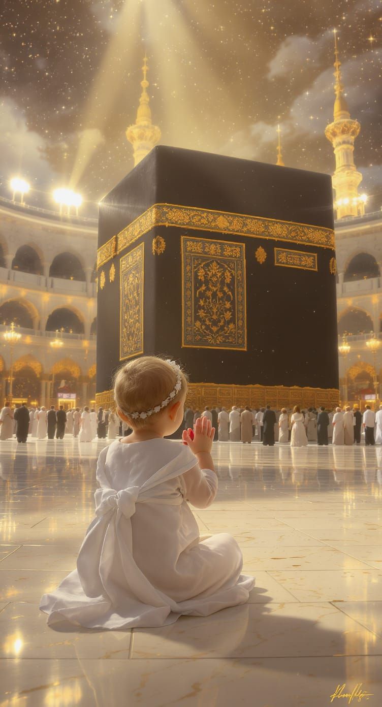 Baby Girl Praying Before Kaaba in Soft Light