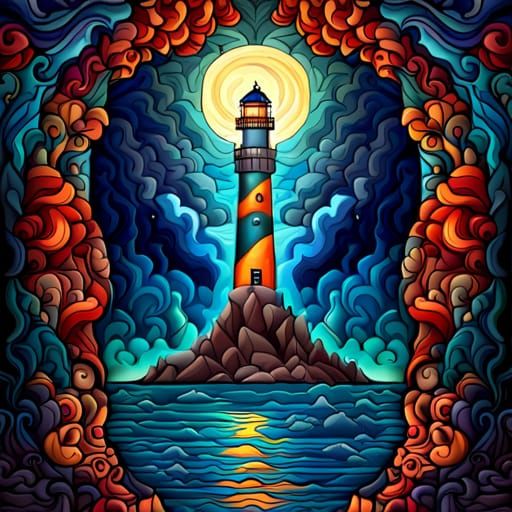 Gothic Lighthouse in Stormy Sea, Art Nouveau Stained Glass