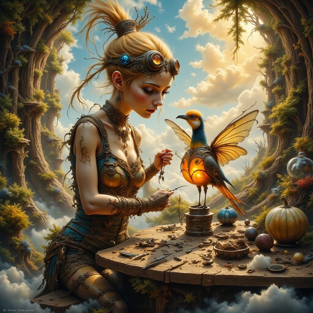 Fairy Inventor with Automaton Bird, Ghibli Style