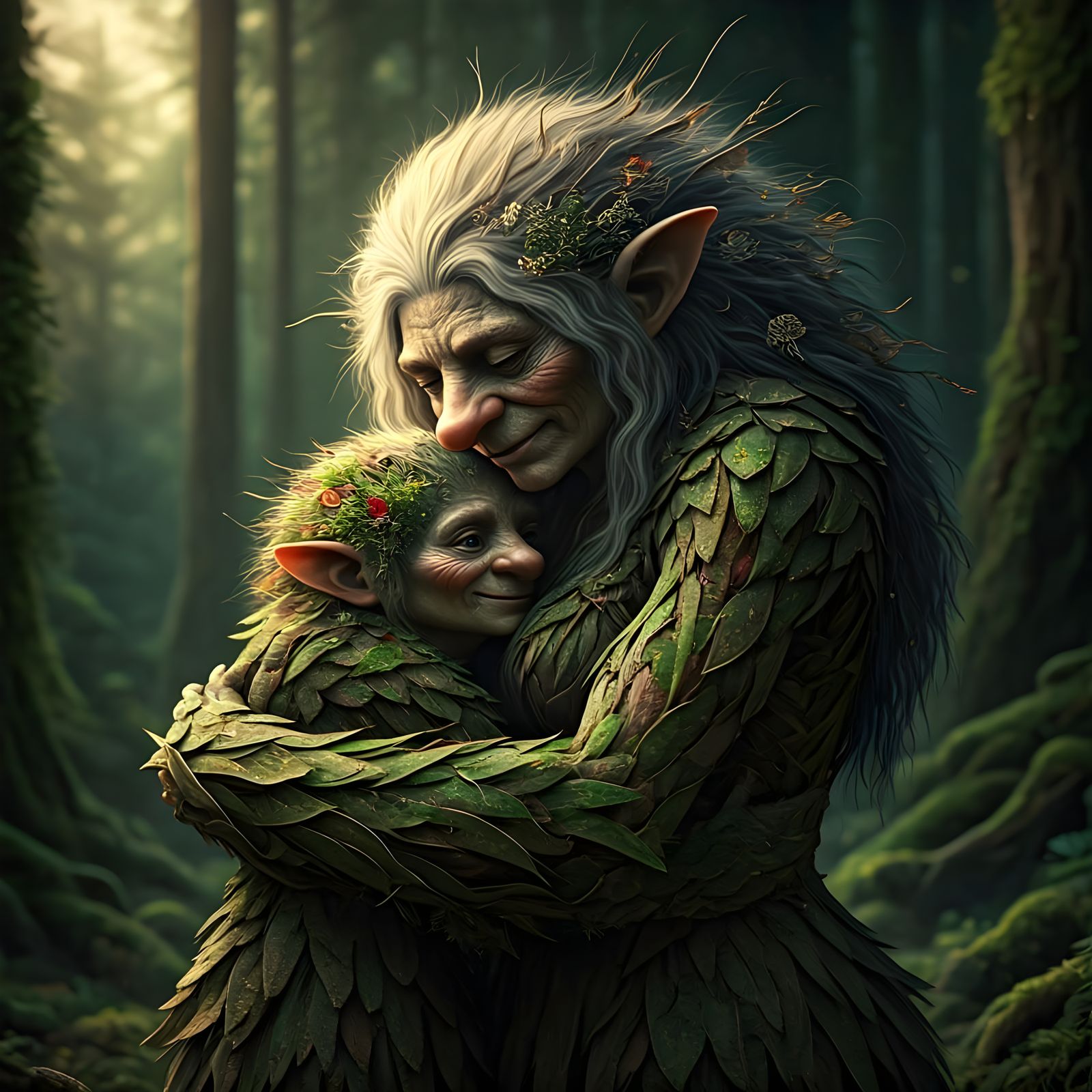 Mountain Troll Mother's Tender Embrace: 3D Diorama