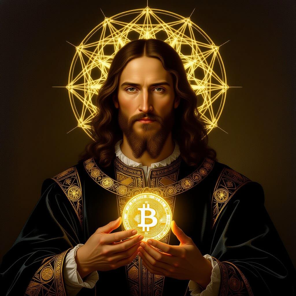 Renaissance Crypto Man with Luminous Coin
