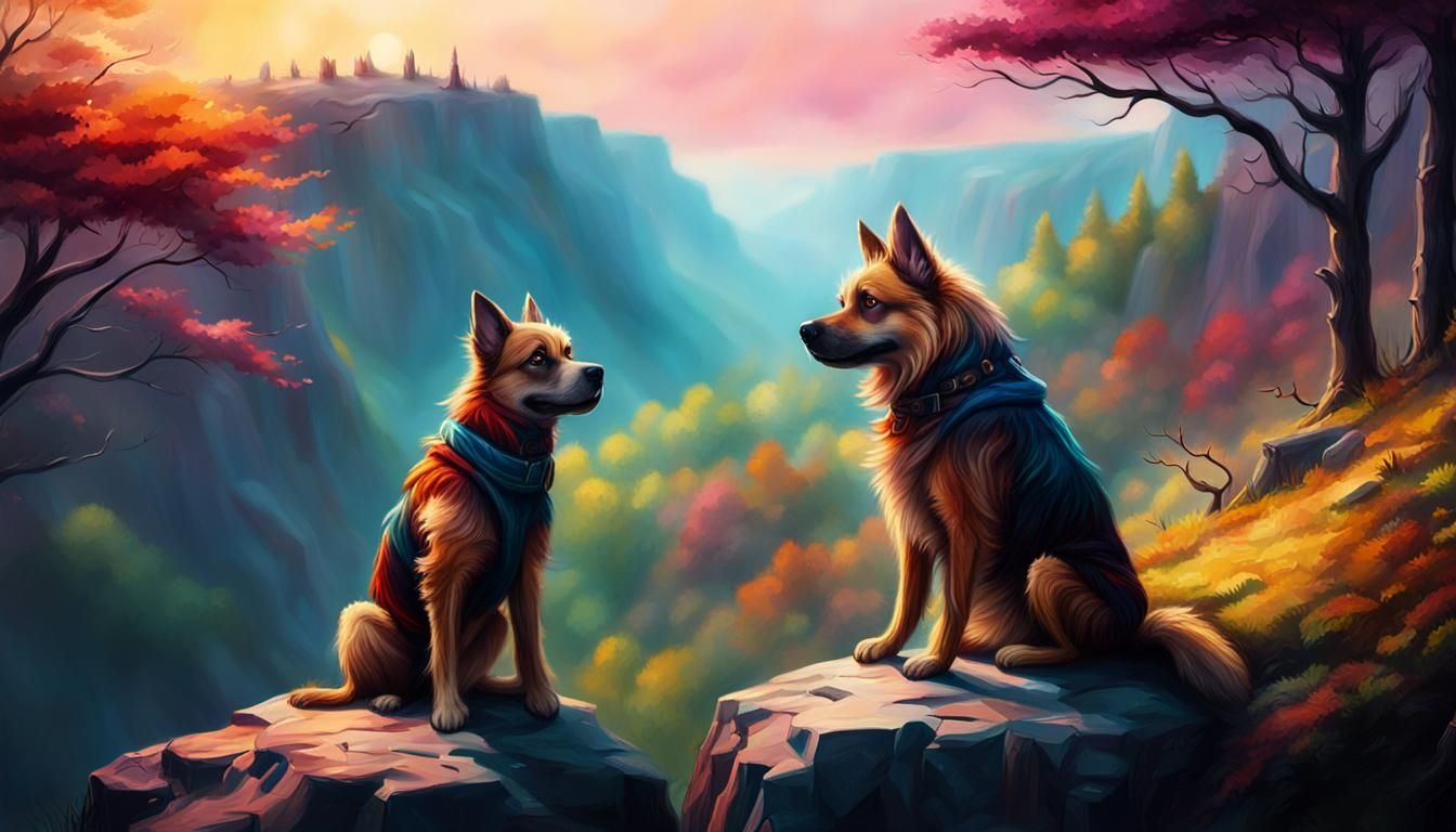 Dog-Man on a Cliff: A Cinematic Oil Painting