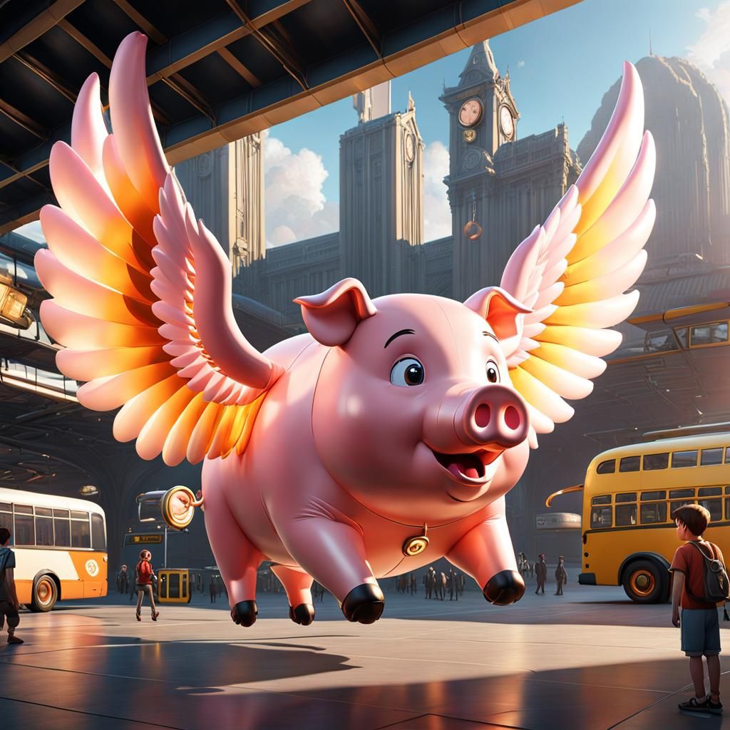 Winged Inflatable Pig Hovering Over Bus Station