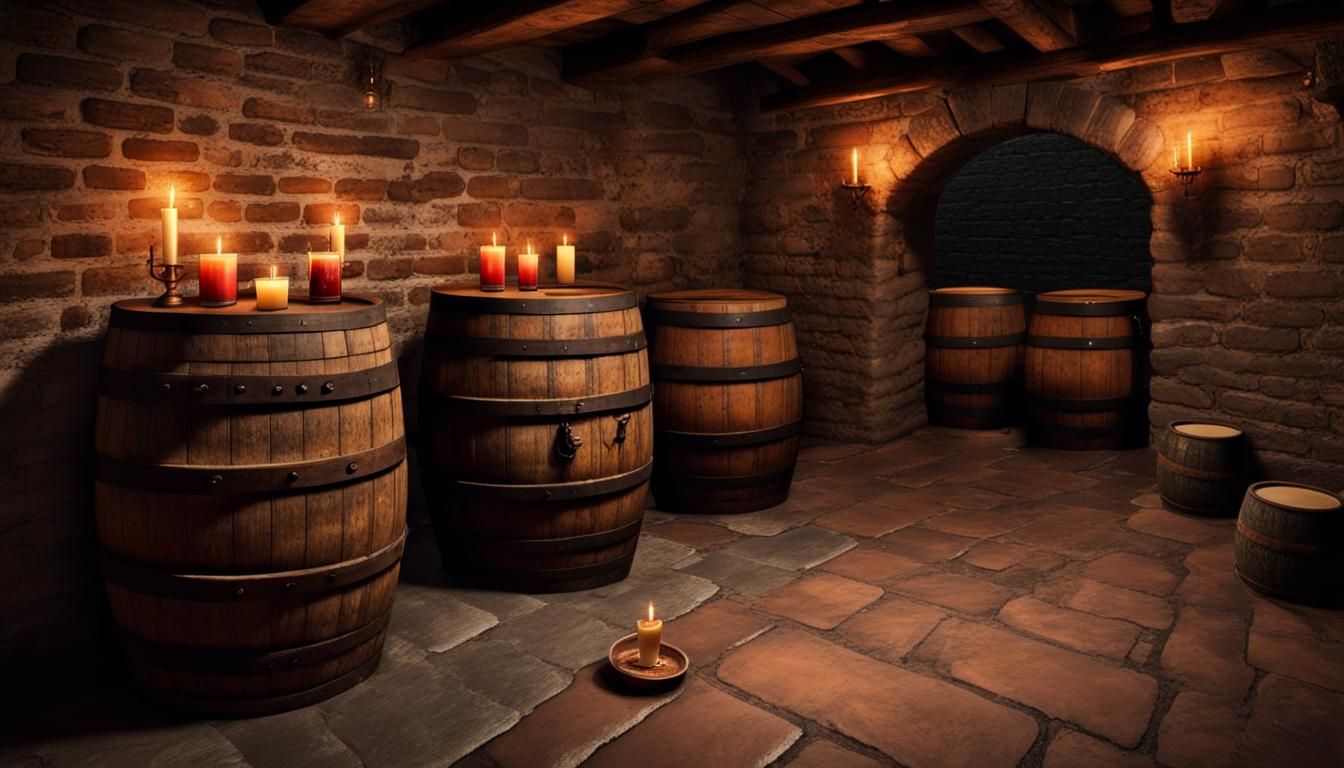 Realistic Rum Cellar with Leaking Barrels and Rats