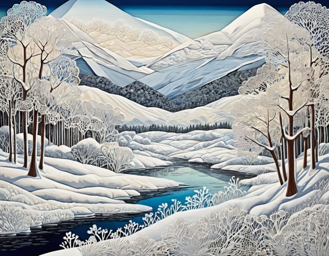 Snowy Landscape in Lace Collage Style