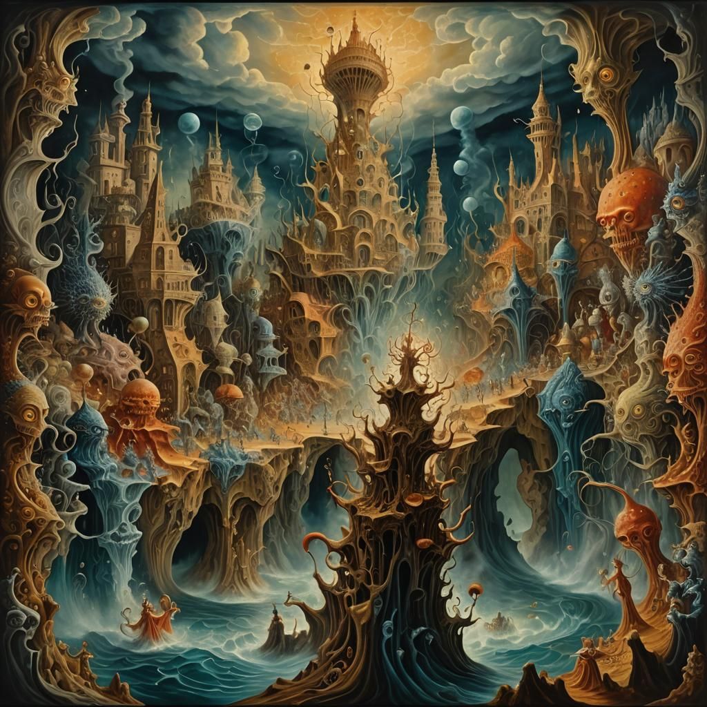 Surreal Gathering in a Dreamlike Oil Painting