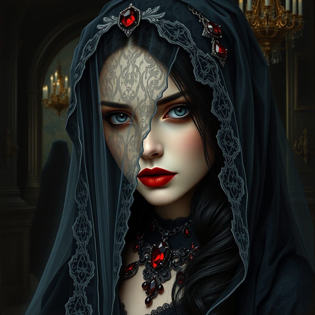 Gothic Queen of Shadows in Baroque Ballroom Gouache Painting