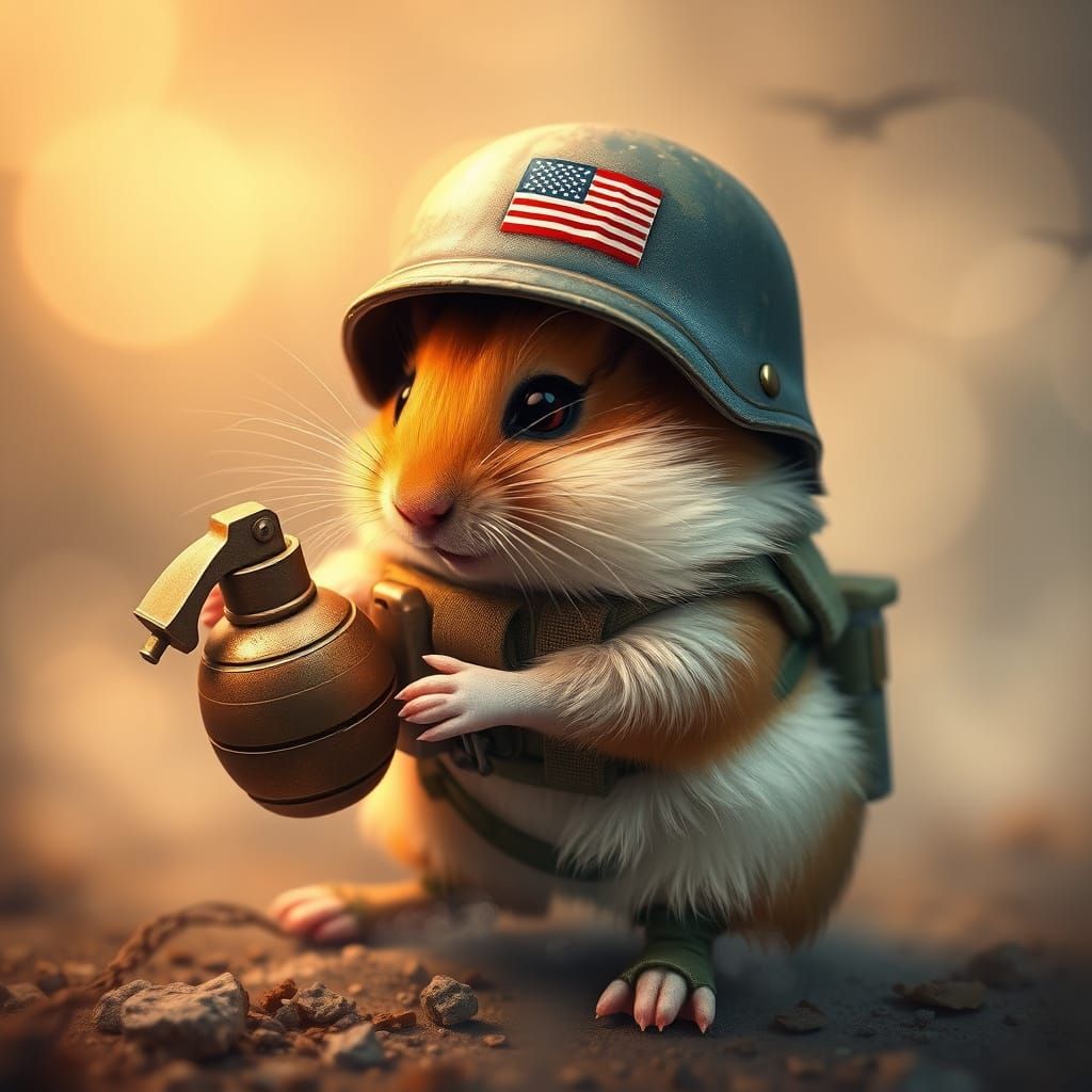 Hamster in Miniature Military Gear, Holding a Grenade