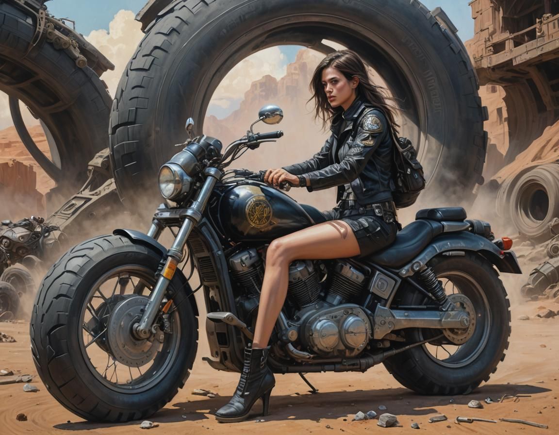 Woman on Sci-Fi Motorcycle: Hyperrealistic Fantasy Art