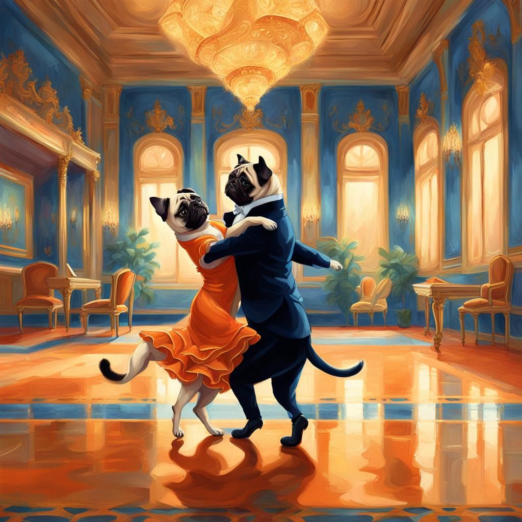 Pug and Cat Tango in Ornate Ballroom
