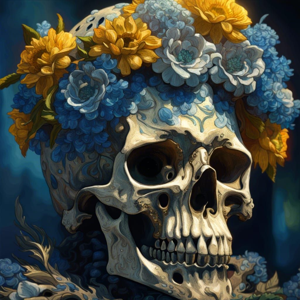 Skull with Flower Crown in Impressionist Style