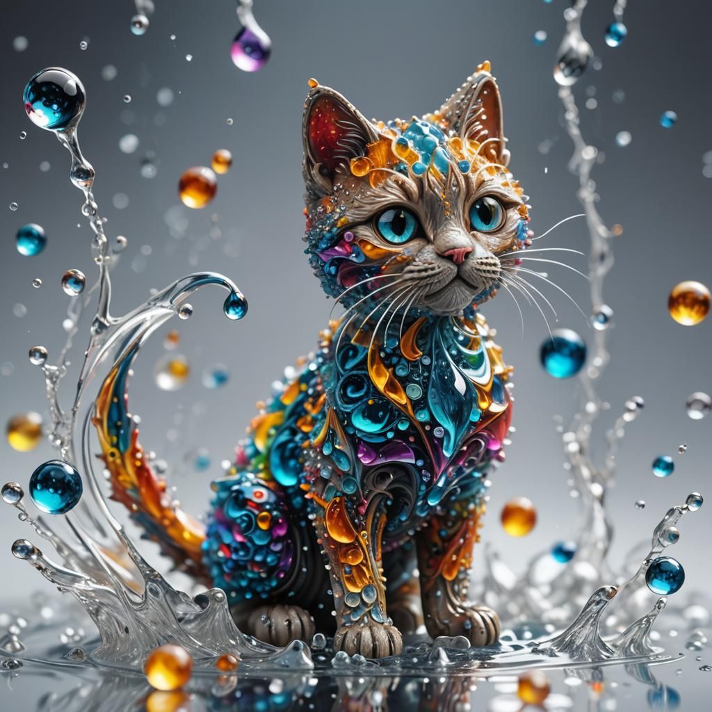 Exploding Fractal Cat Figurine in Liquid Acrylic