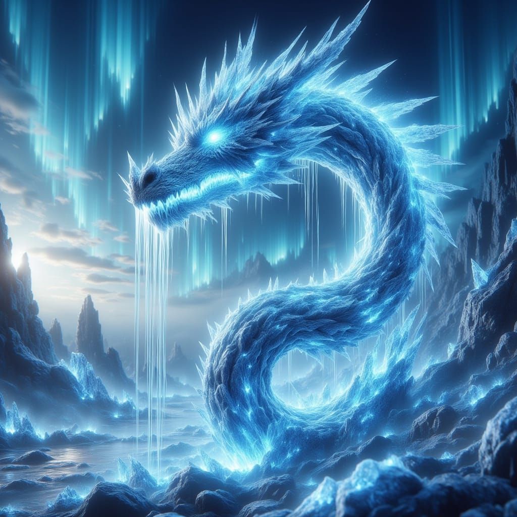 Majestic Ice Dragon Sculpture in Surreal Fantasy Landscape