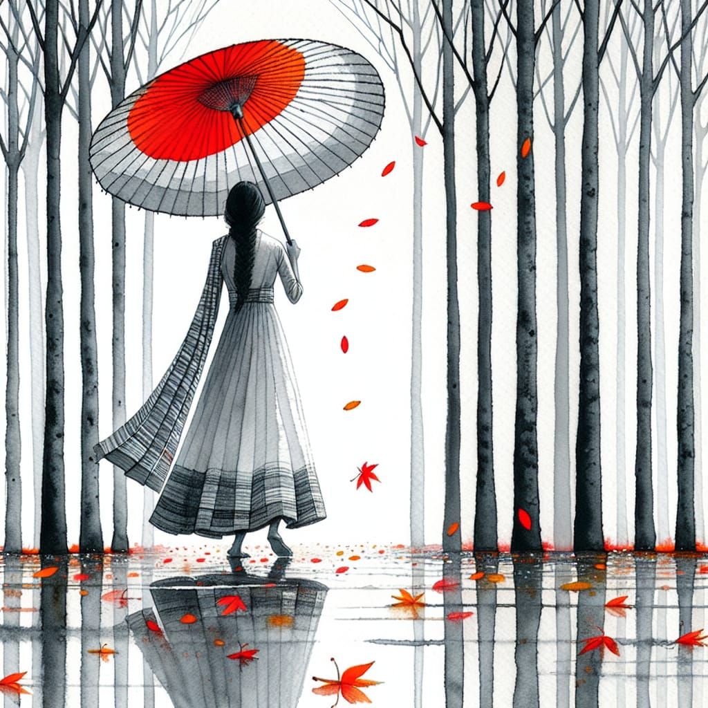 Woman with Red Umbrella in Watercolor Autumn